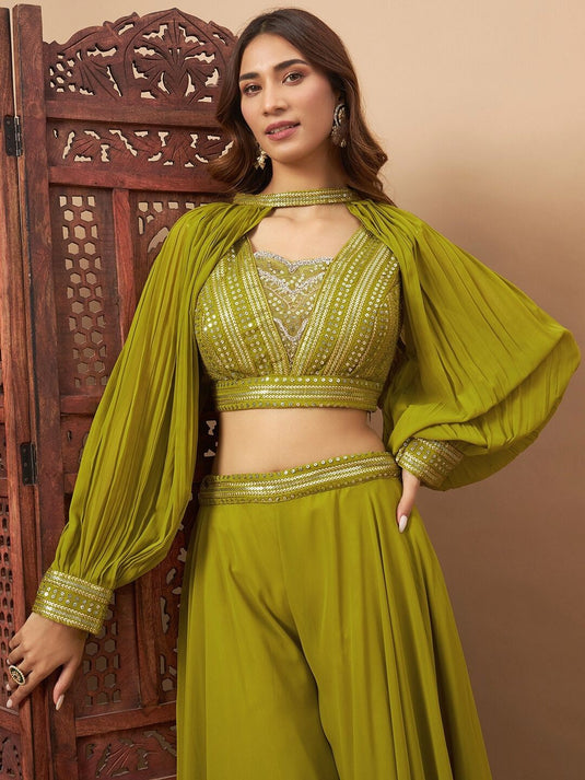 Ethnic Motifs Embroidered Mirror Work V-Neck Crop Top With Palazzo & Dupatta