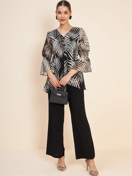 Black Conversational Printed V-Neck Puff Sleeve Co-Ords